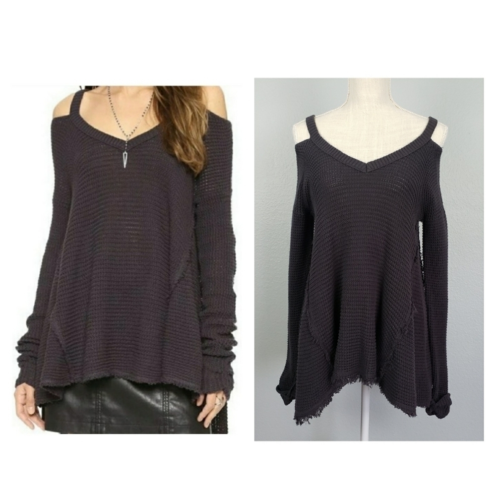 FREE PEOPLE Moonshine Cold Shoulder Sweater Charcoal XS Lagenlook Grunge Boho